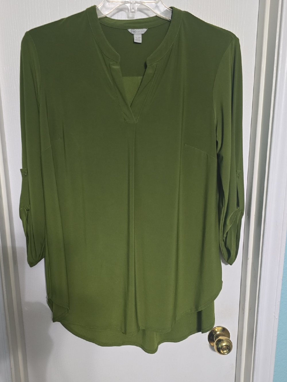 Cato Olive Green Split-Neck Roll-Tab Blouse